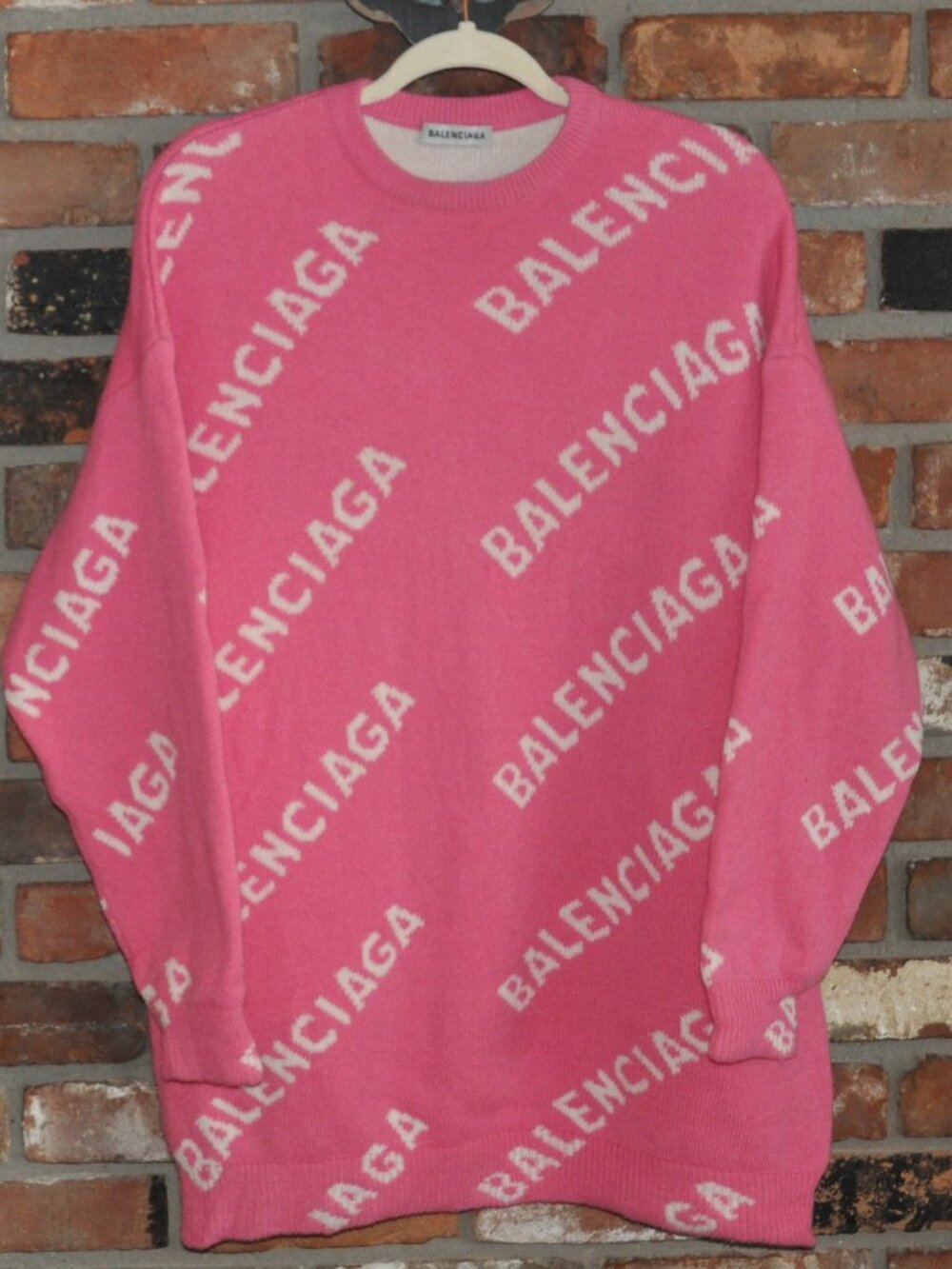 Pink & White BALENCIAGA Allover Logo Wool Blend Jumper Knit Sweater S Unisex